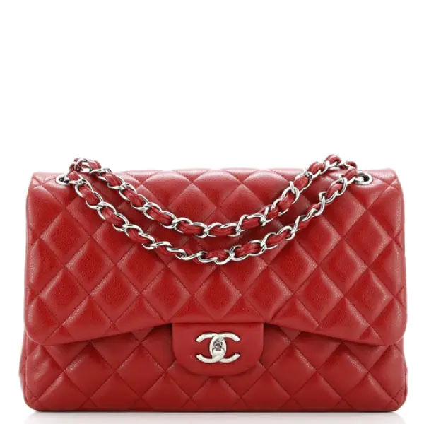 Chanel Jumbo Red Caviar Leather Double Flap Silver Hardware Bag.