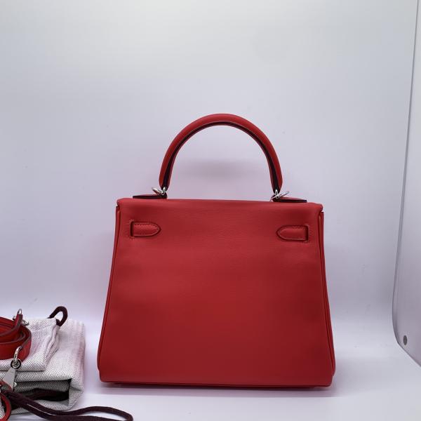 Hermes Kelly 25 Tomato Red Swift Leather Silver Hardware Shoulder Crossbody Bag