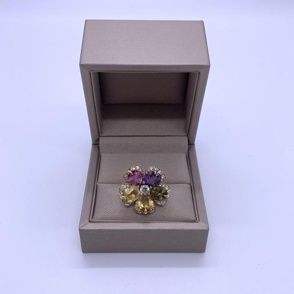 Bvlgari Sapphire Flower Collection 18K Yellow Gold High-end Multi-coloured Sapphire Pave Diamond Cocktail Ring