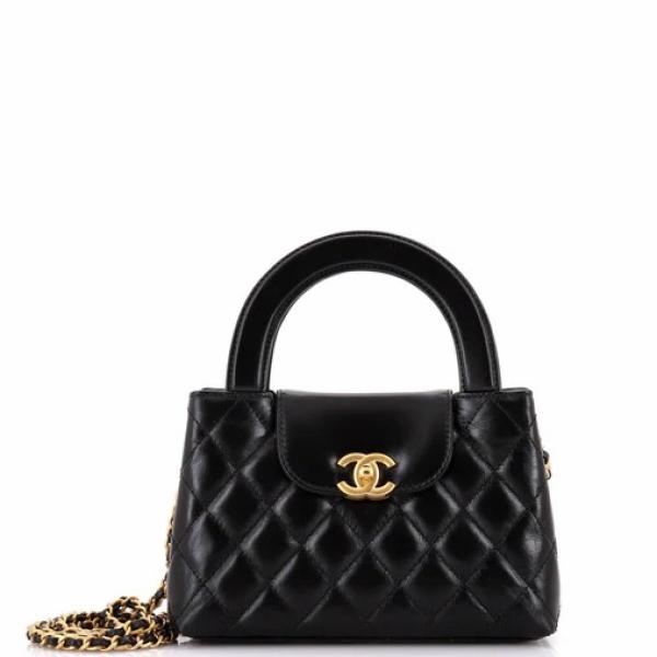 Chanel Kelly Top Handle Shopping Bag Quilted Shiny Aged Calfskin Mini