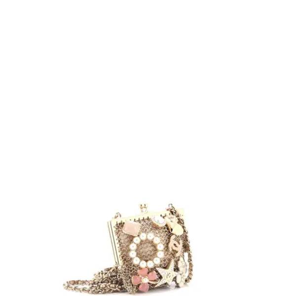 Chanel CC Charm Kisslock Frame Clutch with Chain Embellished Metal Mesh Mini