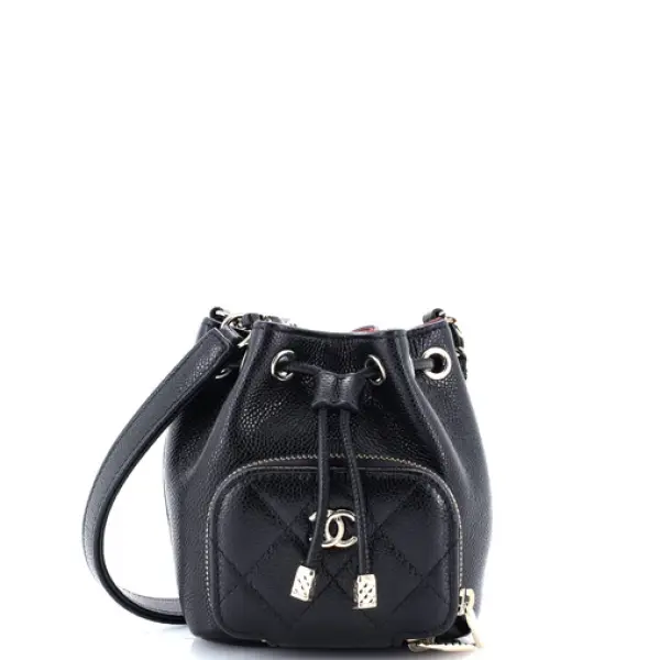 Chanel Business Affinity Drawstring Bucket Bag Quilted Caviar Mini