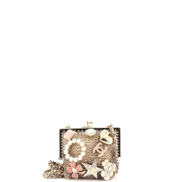Chanel CC Charm Kisslock Frame Clutch with Chain Embellished Metal Mesh Mini