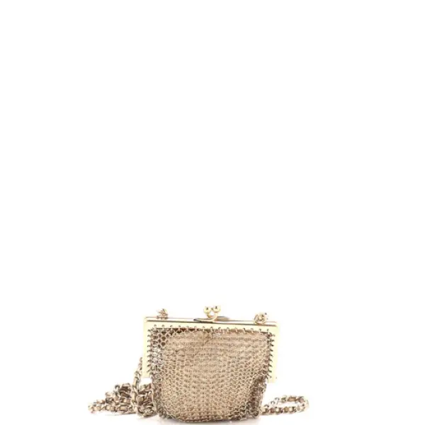 Chanel CC Charm Kisslock Frame Clutch with Chain Embellished Metal Mesh Mini