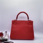 Hermes Kelly 25 Tomato Red Swift Leather Silver Hardware Shoulder Crossbody Bag
