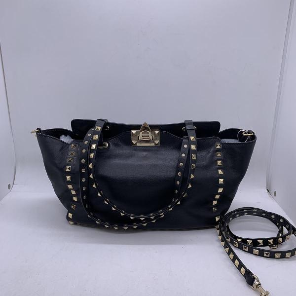 VALENTINO Garavani Rockstud Black Leather Tote Shoulder Bag