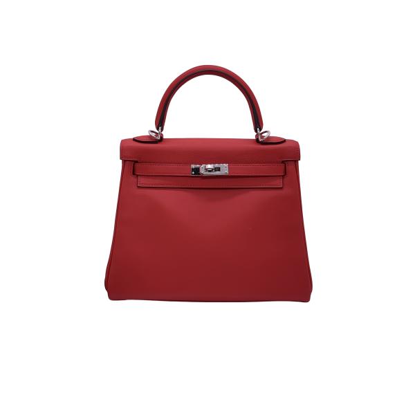 Hermes Kelly 25 Tomato Red Swift Leather Silver Hardware Shoulder Crossbody Bag