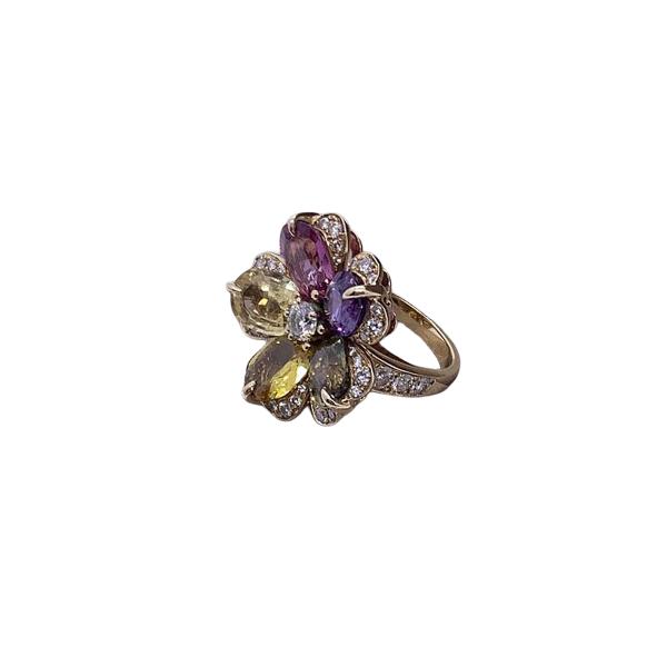 Bvlgari Sapphire Flower Collection 18K Yellow Gold High-end Multi-coloured Sapphire Pave Diamond Cocktail Ring