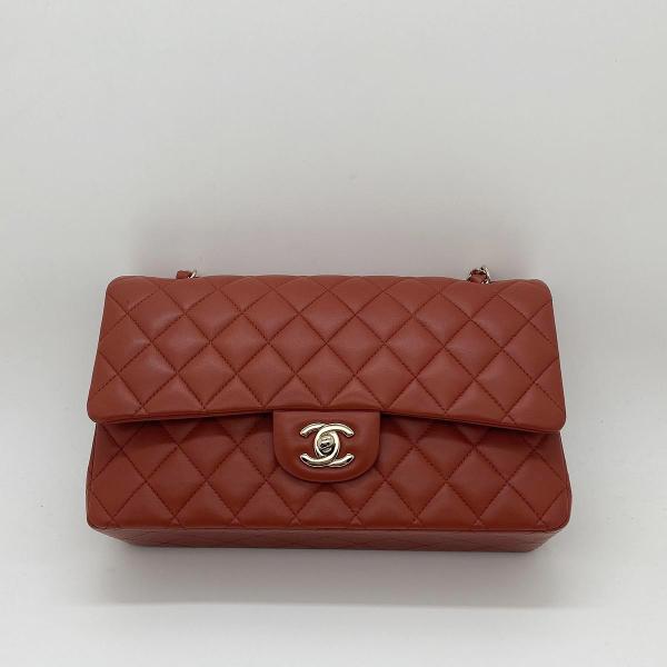 Chanel Medium Classic Flap Chain Bag, Burgundy Lambskin, Double Flap, Light Gold Hardware