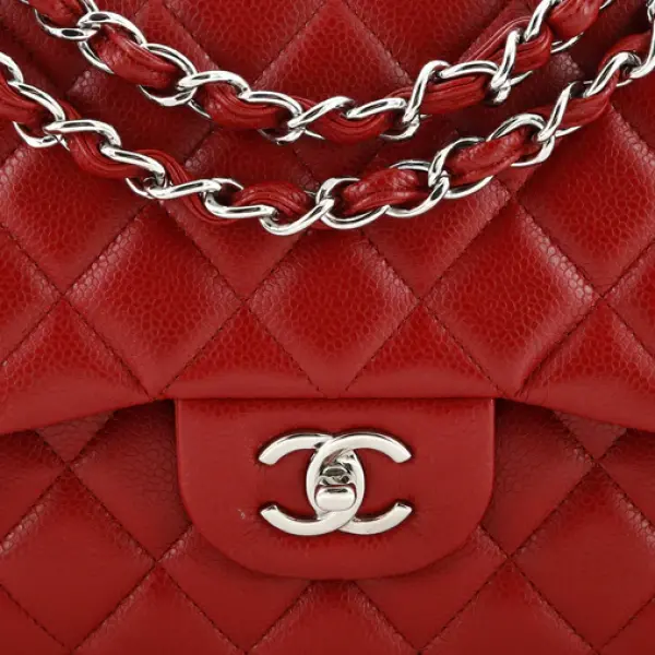 Chanel Jumbo Red Caviar Leather Double Flap Silver Hardware Bag.