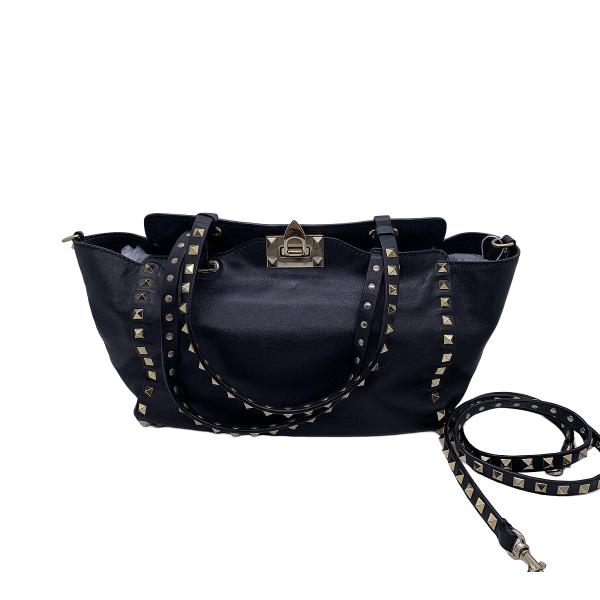 VALENTINO Garavani Rockstud Black Leather Tote Shoulder Bag
