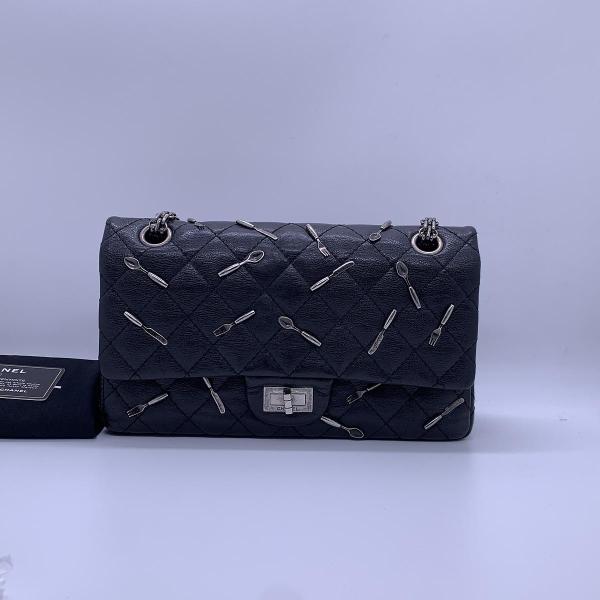 Chanel Limited Edition 2.55 Medium Black Chain Bag with Cutlery Knife & Fork Motif