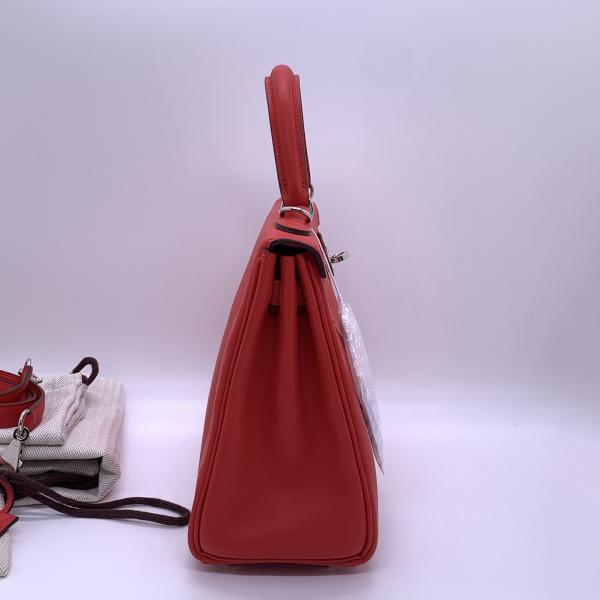 Hermes Kelly 25 Tomato Red Swift Leather Silver Hardware Shoulder Crossbody Bag