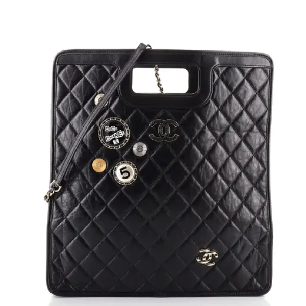 Chanel Charms Cut Out Handle Shopping Tote Quilted Aged Calfskin Large