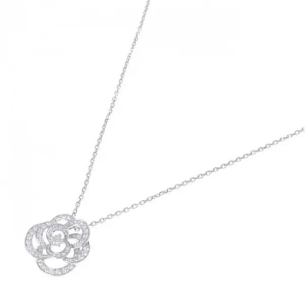 Chanel Camellia Pendant Necklace 18K White Gold Medium with Diamond