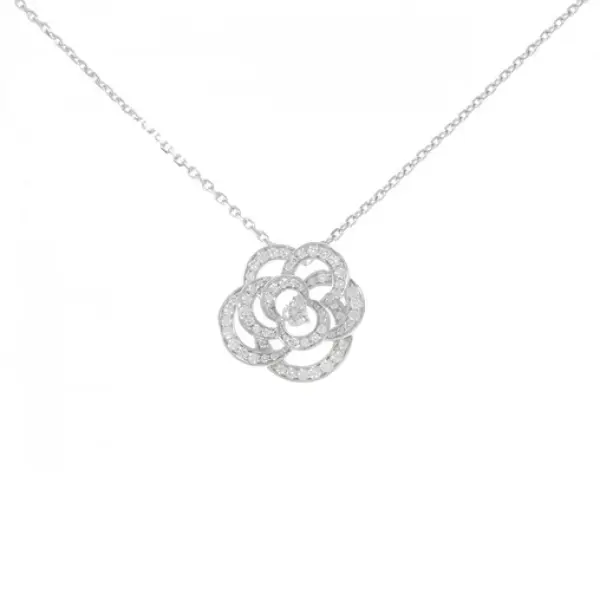 Chanel Camellia Pendant Necklace 18K White Gold Medium with Diamond