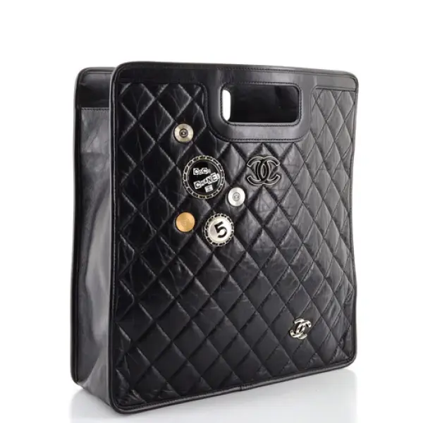 Chanel Charms Cut Out Handle Shopping Tote Quilted Aged Calfskin Large