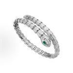 Bvlgari SERPENTIVIPER series Elegant Snake Head 18K White Gold Snake-shaped Bracelet Set with Diamond-Set Emerald Stones