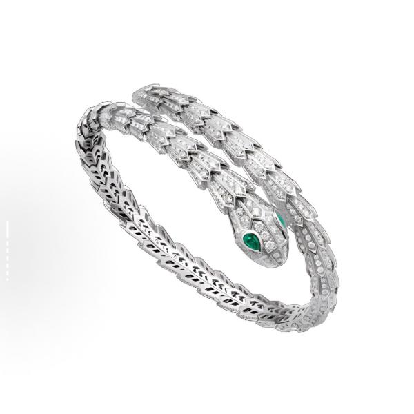 Bvlgari SERPENTIVIPER series Elegant Snake Head 18K White Gold Snake-shaped Bracelet Set with Diamond-Set Emerald Stones
