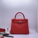 Hermes Kelly 25 Tomato Red Swift Leather Silver Hardware Shoulder Crossbody Bag