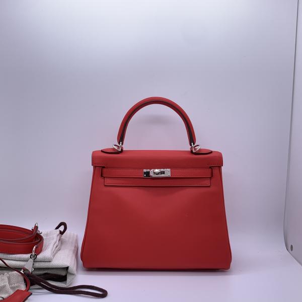 Hermes Kelly 25 Tomato Red Swift Leather Silver Hardware Shoulder Crossbody Bag